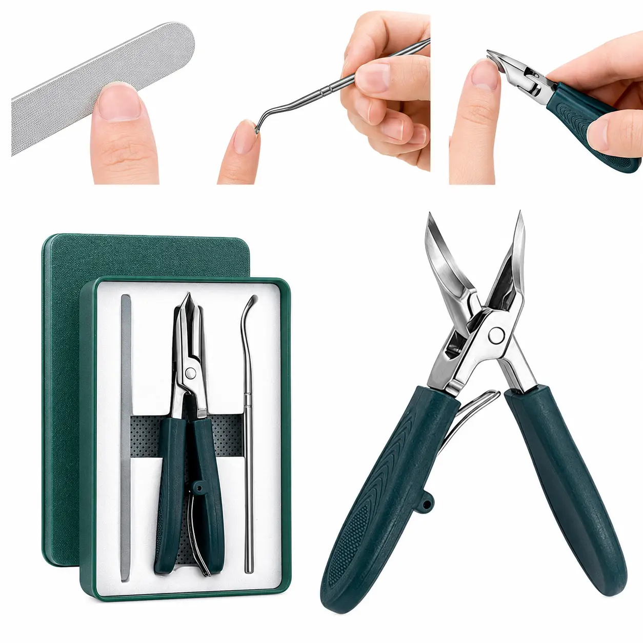 Slanted Eagle Beak Nail Clipper Kit, for Daily Manicure, Thick Nails & Ingrown Nail Maintenance, Wide Jaw Opening Anti-Splash Nail Trimmers, Ergonomic Long Handle Pedicure Accessory (Green)