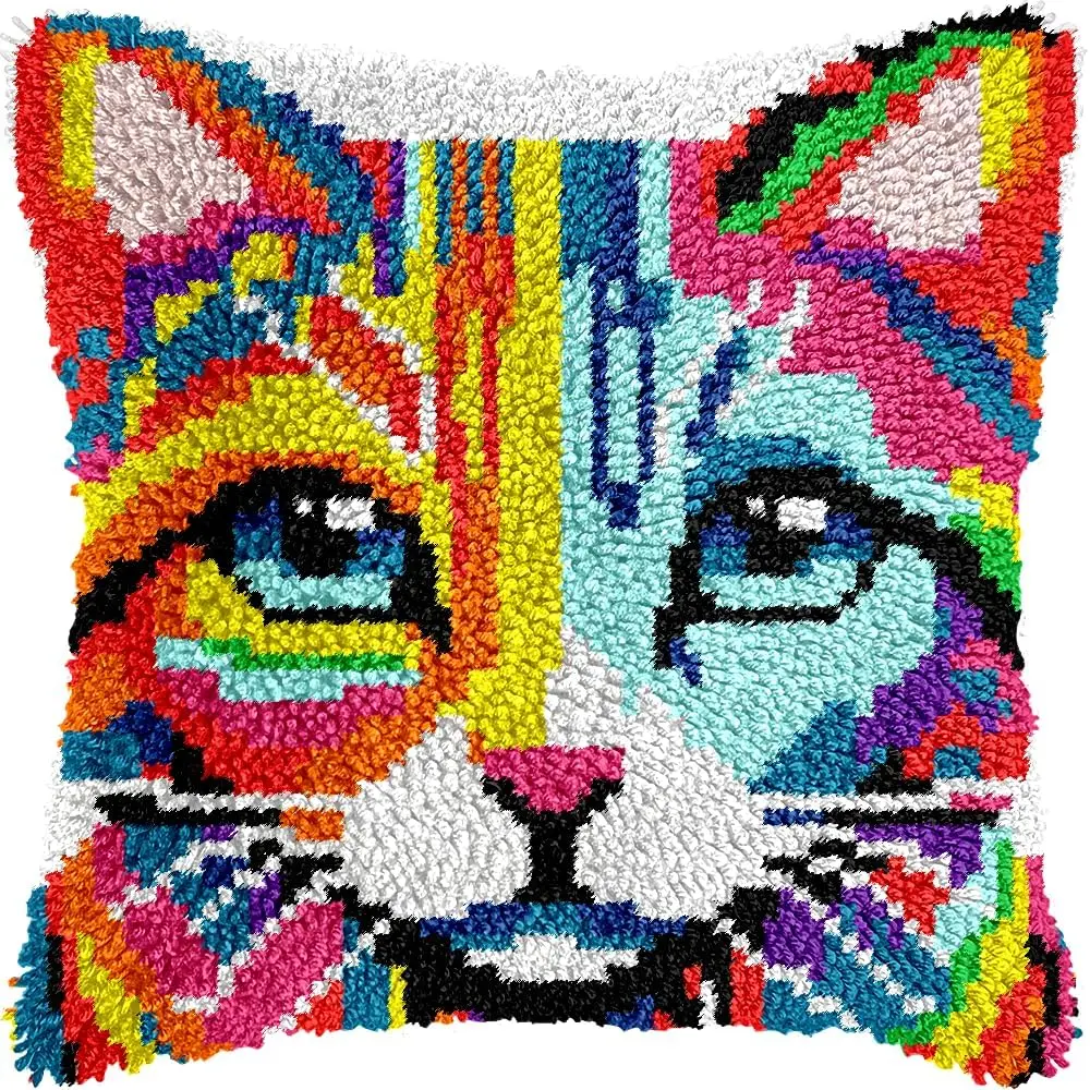Colorful Cat Latch Hook Pillow Kits for Adults Beginners DIY Throw Pillowcase Kit with Soft Backing Pre-Printed Mesh Rug Making Kits Needlework Cushion for Home Sofa Decoration 17x17 in.