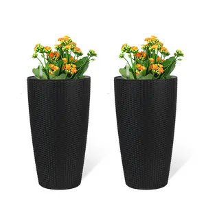 22 Inch Large Set of 2 Faux Rattan Planters, Tall Self-Watering Flower Pots with Water Level Monitor and Inner Reservoir, Automatic Watering Containers for Outdoor Indoor Use, Patio, Garden, Backyard