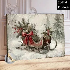 2D Flat - 1 Piece Wooden Frame 1.9cm / 0.75inch - Vintage Sleigh Christmas Canvas Art Print, Rustic Holiday Wall Decoration, Winter Scene Poster, Festive Farmhouse Decor, Suitable for Home Office, Bedroom, Perfect Christmas Gift, 2D Flat