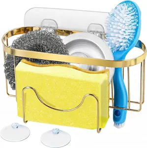 Sponge Holder for Kitchen Sink, 3-in-1 Kitchen Sink Caddy Dish Sponge Holder With Suction Cup, SUS304 Stainless Steel Hanging Sink Organizer Kitchen Accessories for Place Basket Brush, Golden