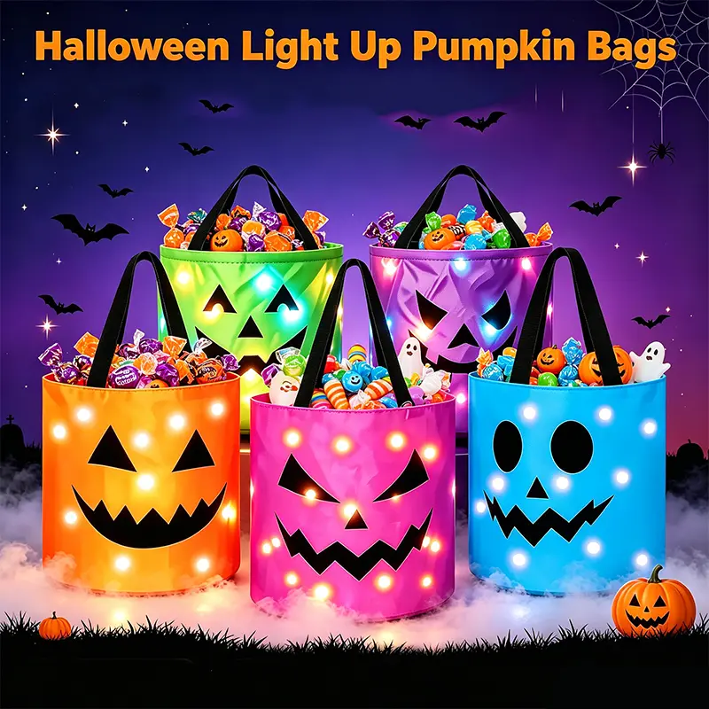 LED Pumpkin Candy Bucket Bag  Glow Halloween Candy Bucket with Jack O Lantern Face, Waterproof Trick Or Treat Goodie Bags, Spooky Halloween Party Favor Outdoor Yard Decor, Multi-Color Glow Pumpkin Candy Storage Bucket Gifts Green Gifts