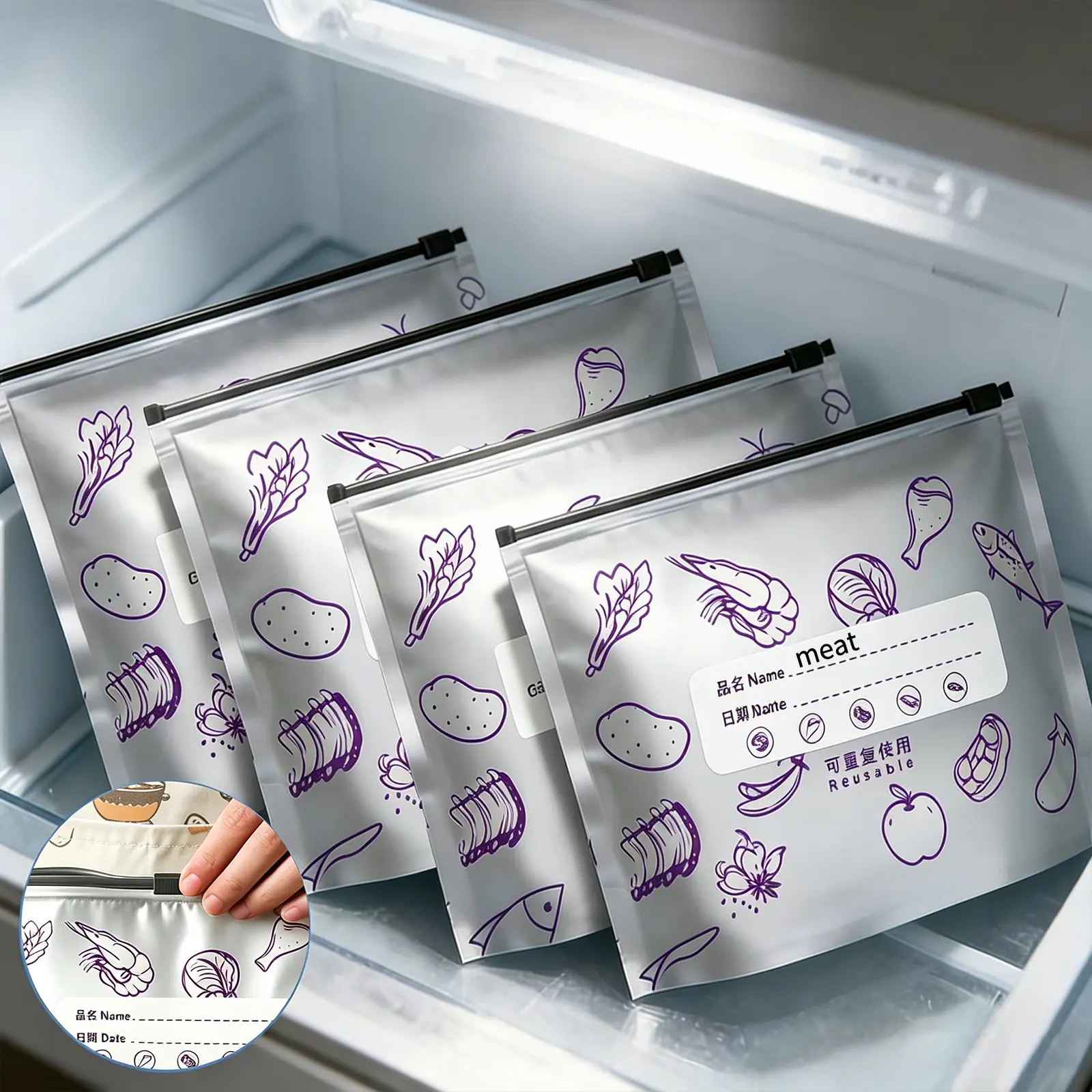 Food Storage Reusable Aluminum Foil Sealing Storage Bags, 2026 New Airtight Zipper Pouches, Durable Resealable Packaging for Refrigerated Food