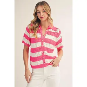 Jodifl Pink Striped Crochet Short Sleeve Cardigan