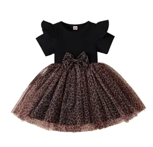 L.W. Clothing Company Leopard Toddler and Girls Dress with Bow, Ruffle Sleeves, Tulle Tutu Skirt, 65% Cotton & 35% Polyester, Knee Length