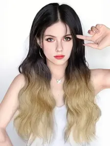 Gradient Apricot 24-Inch Water Wave Clip-In Wig Extension, Long Straight Synthetic Fiber, Invisible Clips, All-Season Use