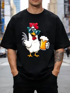 Men'S T-Shirts Cool Rooster with Beer Letters, Pattern Printing, Men'S Novel Pattern Design T-Shirts, Fashionable Short-Sleeved Comfortable And Versatile Summer T-Shirts