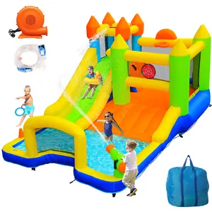Arlopu Bounce House with Slide, 9 in 1 Inflatable Water Slides for Kids Backyard, w/Climbing Wall, Splash Pool, Soccer Goal, Water Cannon, Bouncy Castle w/Air Blower