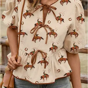Cowboy puff sleeve fall blouse