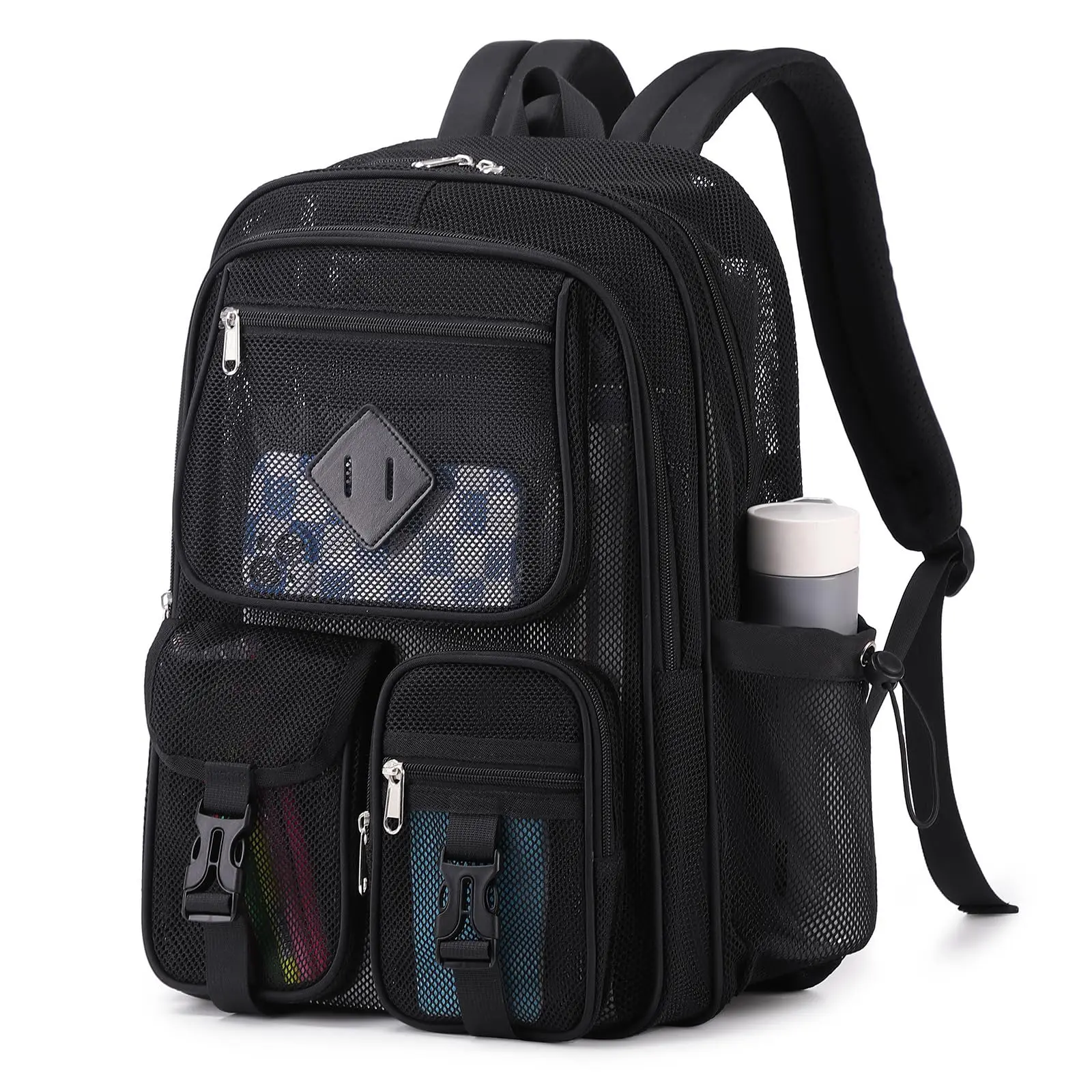 Mesh Backpack For School Heavy Duty See Through Net Bookbag Semi-transparent Pack Beach  Swimming Sports Work Travel (black)