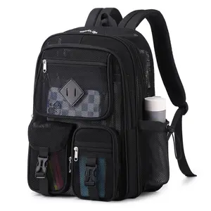 Mesh Backpack For School Heavy Duty See Through Net Bookbag Semi-transparent Pack Beach  Swimming Sports Work Travel (black)