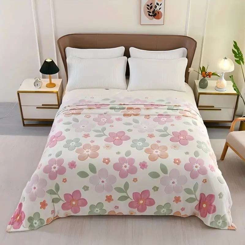 Soft Fuzzy Pink Green Watercolor Floral Throw Blanket Cozy For Bedroom & Sofa