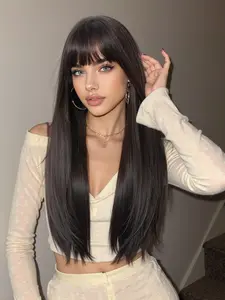 24 Inch Long Straight Wigs for Women, Gorgeous Fluffy Wigs with Bangs, Synthetic Material Wigs, Synthetic Full Machine Wigs for Party, Daily Use, Fashion Fluffy Wigs, Natural Looking Wig