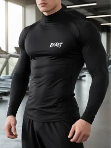 Men's Quick-Dry Compression Fitness T-Shirt, Athletic Compression Shirts, Beast Print Design, High Neck Long Sleeve Tight Fit, Moisture-Wicking Elastic Fabric, Gym Workout Tee
