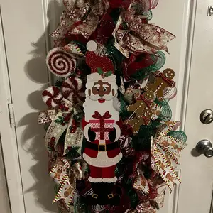 Holiday Cheer Deco Mesh Wreath with Santa Claus and Gingerbread Man Decorations for Festive Door Decor