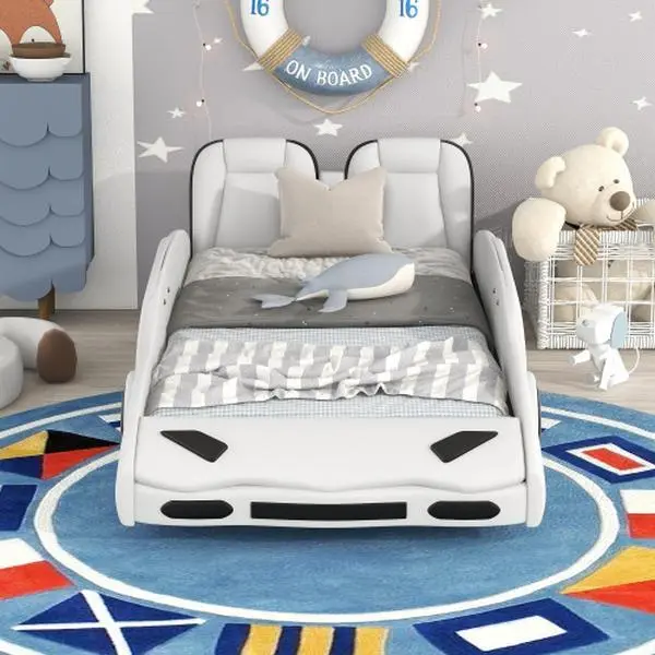 Bellemave Twin Size Race Car-Shaped Pine Platform Bed with Wheels, Pine Bed Frames