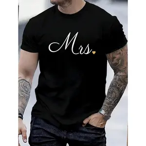 100% Cotton Mrs. Wedding T-Shirt, White Script Font & Gold Heart Women's Men's Graphic Tee Crew Neck summer vacation Tops