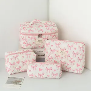 Heart & Bow Pattern Makeup Bag Set, 4 Counts/set Large Capacity Travel Cosmetic Storage Bag, Zipper Makeup Organizer Pouch, Versatile Storage Bag for Travel, Office, Home, Travel Cosmetic Bags