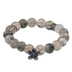 Green Phantom Quartz Bead Bracelet Unisex with Floral Charm for Positive Energy Healing & Everyday Wear 18cm Length