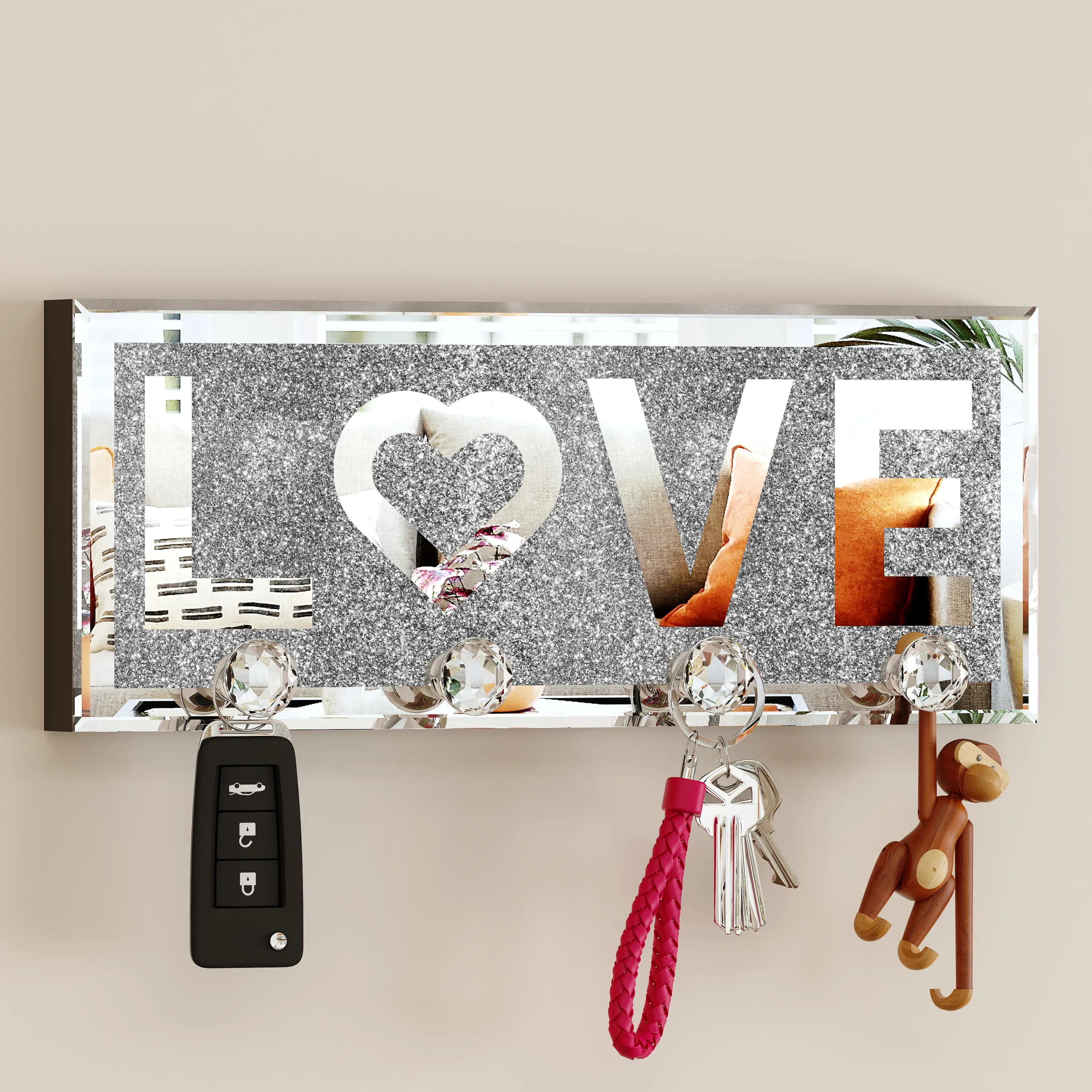 SHYFOY Mirrored Wall Key Holder with Letter Plaque, Luxurious Wall Decor with Hook for Entryway, Bedroom Decorative Shelves