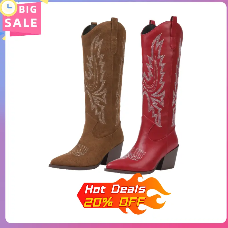 Vintage Western Cowgirl Boots For Women, Distressed Leather High Shaft Tall Boots With Embroidery