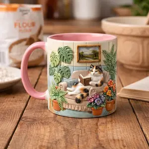 Cute Cat Reading Book Mug, Faux 3D Effect Cozy Cat Illustration, Funny Cat Lover Coffee Cup, Ceramic Mug Gift