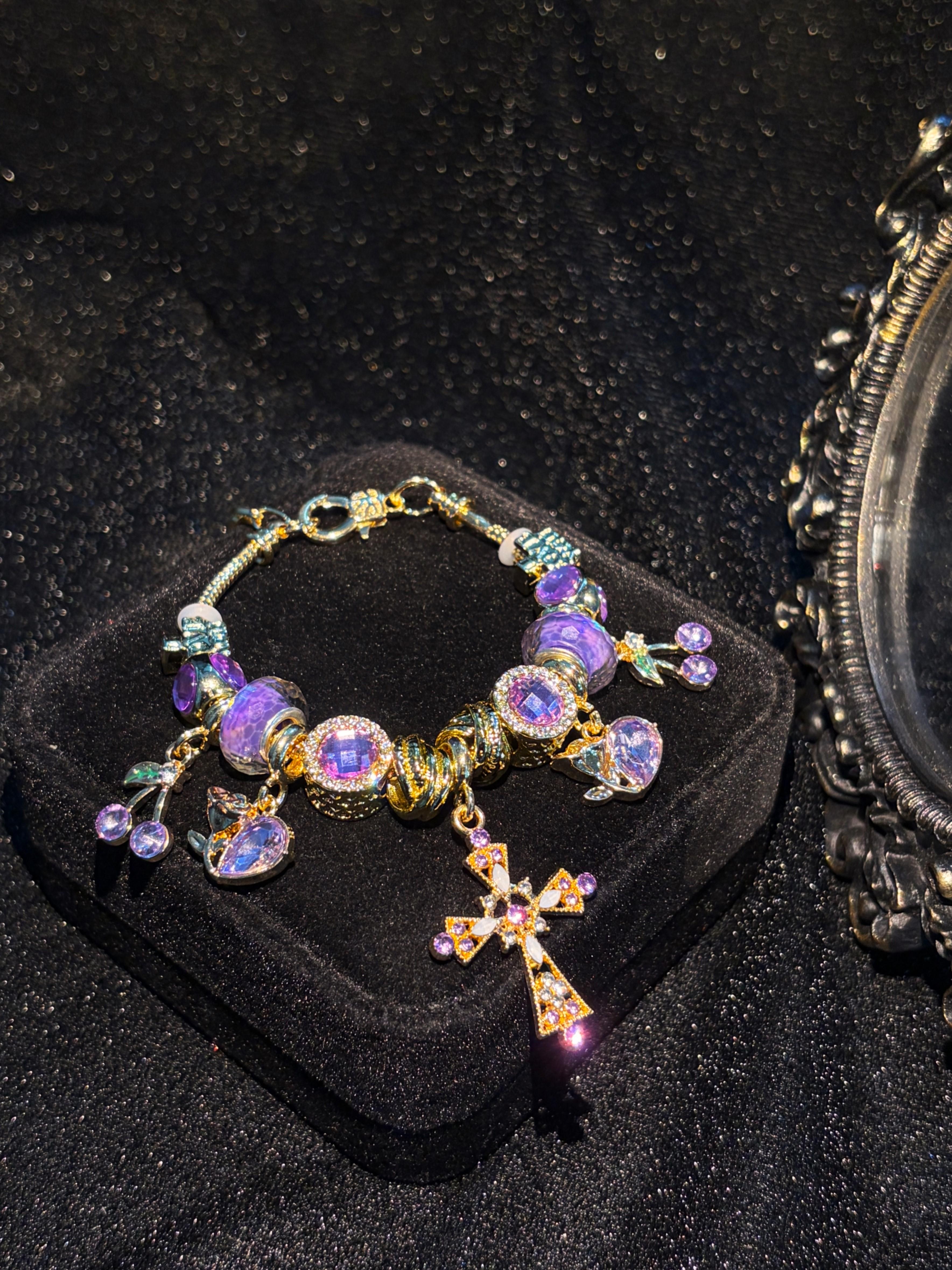 Women's Purple Cross Gold-Tone Snake Chain Bracelet with Rhinestone Beads, Stackable Costume Jewelry Accessory Women's Purple Cross Gold-Tone Snake Chain Bracelet with Rhinestone Beads, Stackable Costume Jewelry Accessory