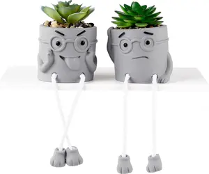 2 Pack Small Fake Plants for Desk Window sill Decor, Shelf sitters with Dangling Legs Cubicle Decor Cute Fake Succulent Hippy pots(Gray/2pcs)