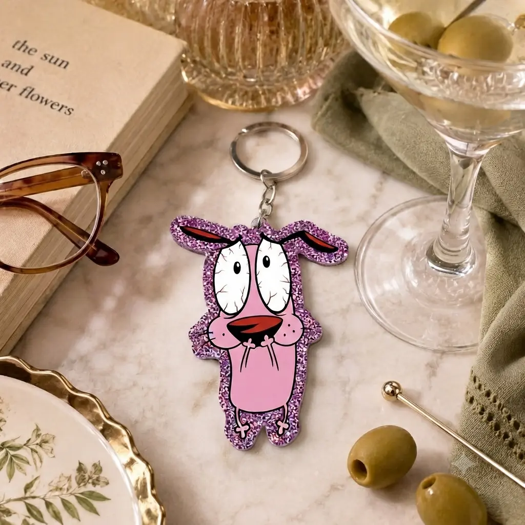 Cute Courage the Cowardly Dog Glitter Acrylic Keychain Bag Charm for Fans