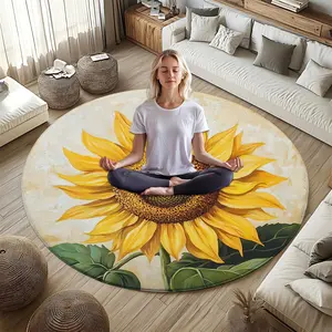 Vintage Sunflower Print Round Rug, Flannel Meditation Cushion, Indoor Room Entrance Living Room Decor, Portable Outdoor Rest Pad, Round Floral Rug, Floral Washable Rug