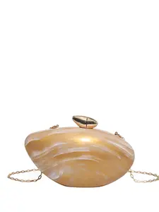French Vintage Evening Bag, Gold Chain Hard Shell Clutch, Socialite Handbag for Wedding & Party