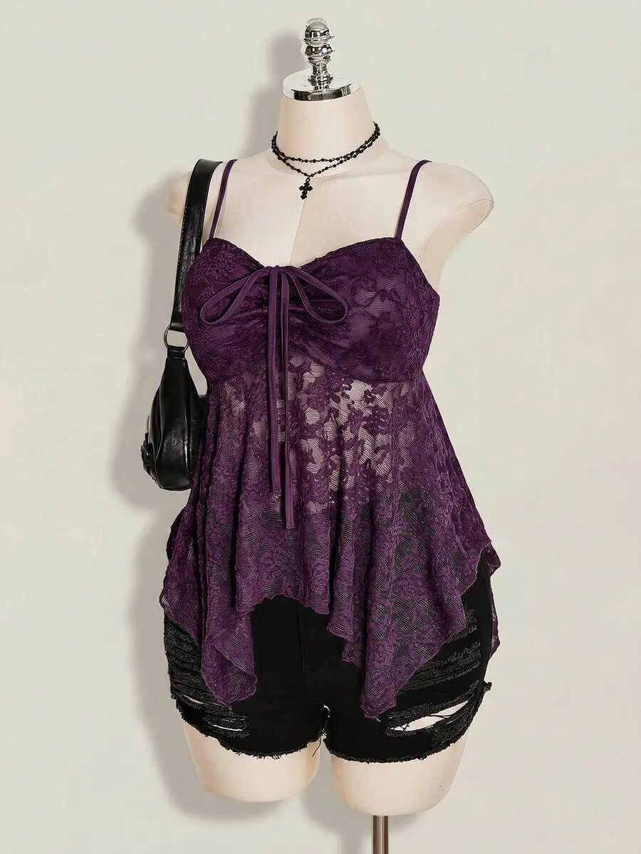 Plus Size Lace Cami Top - Asymmetrical Lace-Up Spaghetti Strap Tank for Summer Brunch