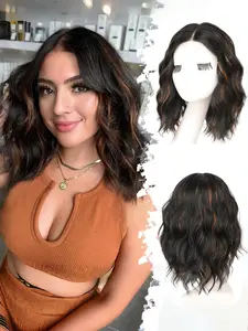 Brown Highlight Short Wavy Wig for Women,front Lace Hairline Bob wavy wig,Medium Length Synthetic Heat Resistant Wigs, Synthetic Machine Wigs, Natural Appearance for Everyday Hairstyle for Daily Party/Halloween Use, Machine Made Wig,4th juliy