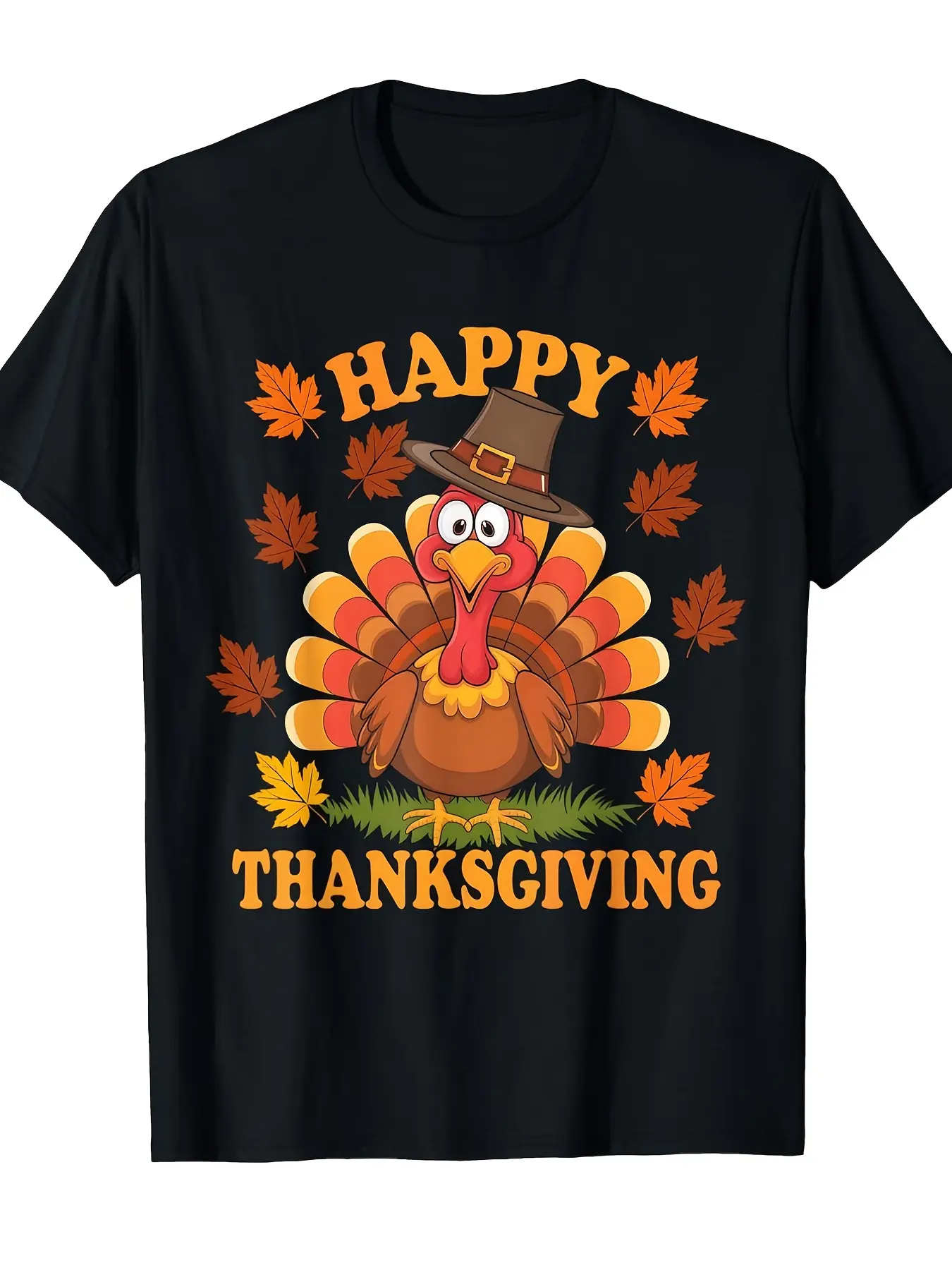 Men's Classic Novelty Short-Sleeve Breathable Casual Unisex Crew Neck T-Shirt - Happy Thanksgiving Cartoon Pilgrim Turkey Maple Leaf, Dinner Family Party Outfit