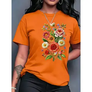 100% pure cotton, women's casual, comfortable versatile, multiple colors available, women's printed short-sleeve round-neck casual top, spring and summer women's clothing