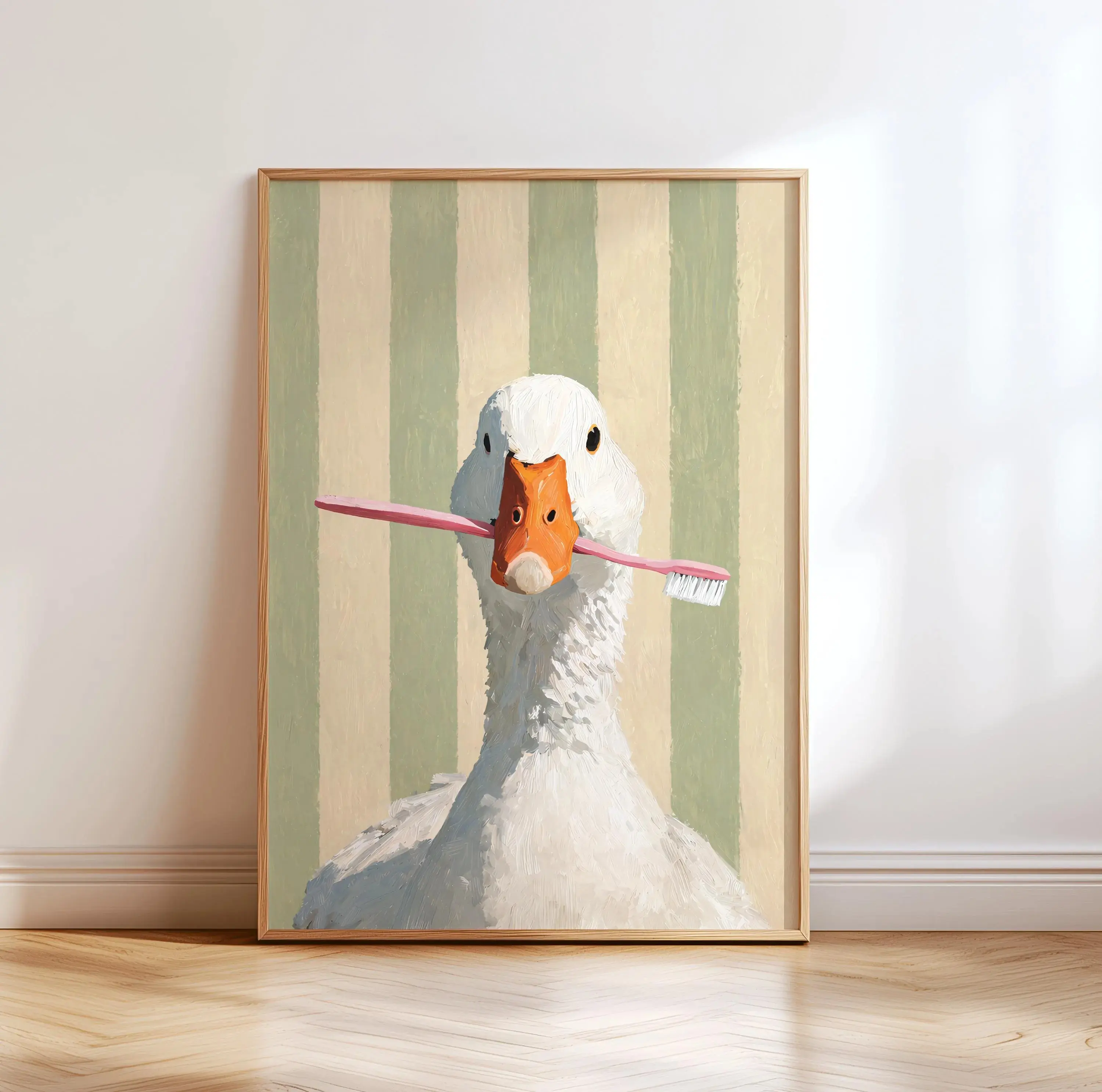 Funny Goose Bathroom Wall Art Print Duck With Toothbrush Unframed Poster Cute Geese Art Whimsical Dental Decor