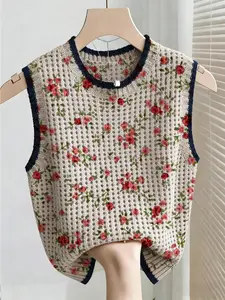 Boho Style Summer Vacation Loose-Fitting Round Neck Sleeveless Vest Hollow Out Colorblock Floral Knit Top, Women's Casual Outerwear