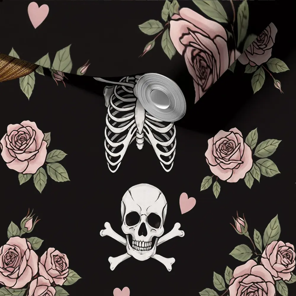 Removable Gothic Skull Wallpaper, Vintage Floral Skull & Insect Print, Self-Adhesive Peel and Stick, Living Room Decor, No Residue
