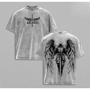 Arcangel Saint Michael T-Shirt Washed - Holy Warrior Angel Graphic Shirt, Sword and Wings Vintage Washed Top, Christian Gothic Streetwear Outfit Church - Gym Pump Cover Jesus Apparel