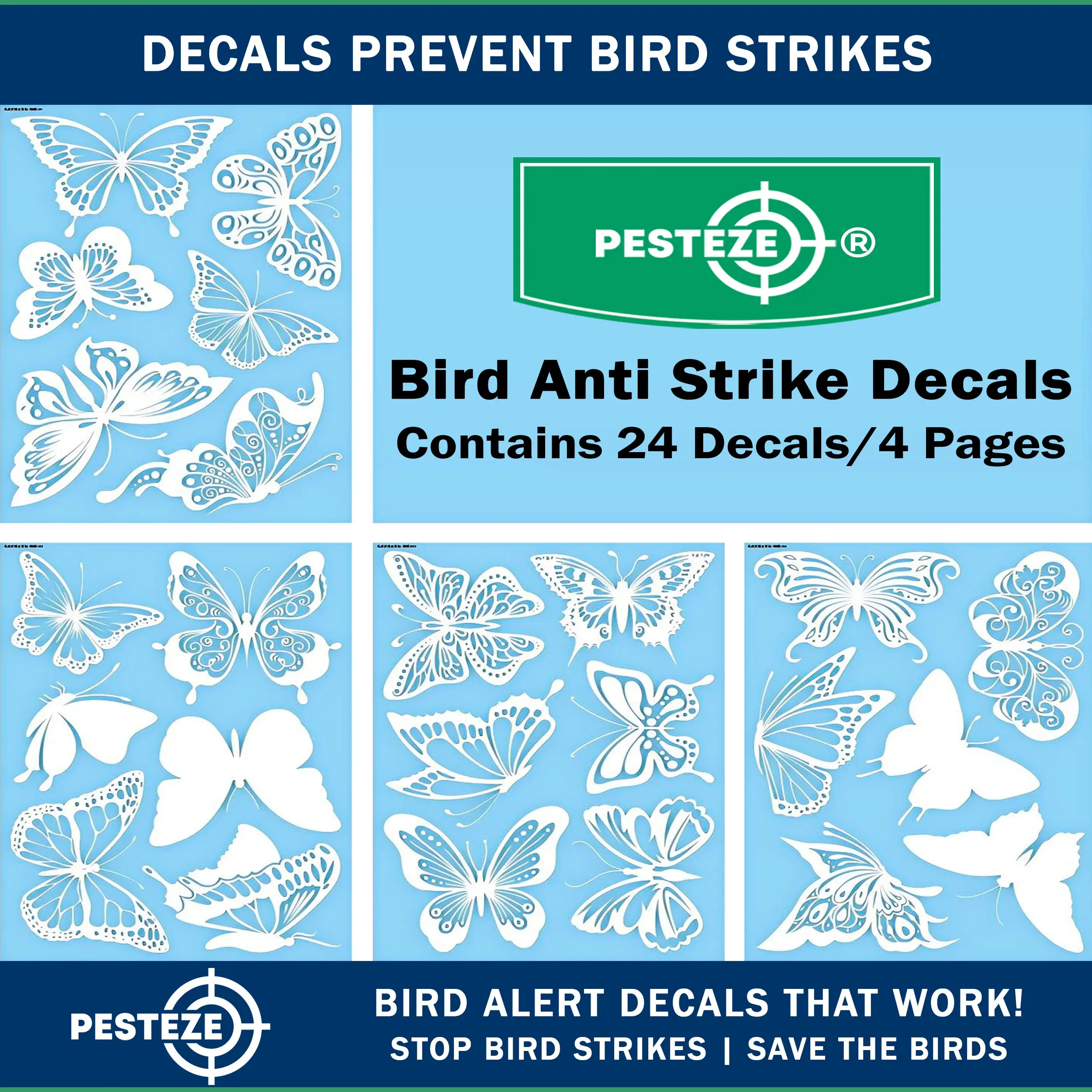 PESTEZE® USA Premium UV Window Bird Decals–Butterfly Anti Collision Static Cling Stickers for Windows to Prevent Birds from Striking Glass– 24 Pack Window Alert Clings for Humane Bird Strike Protection