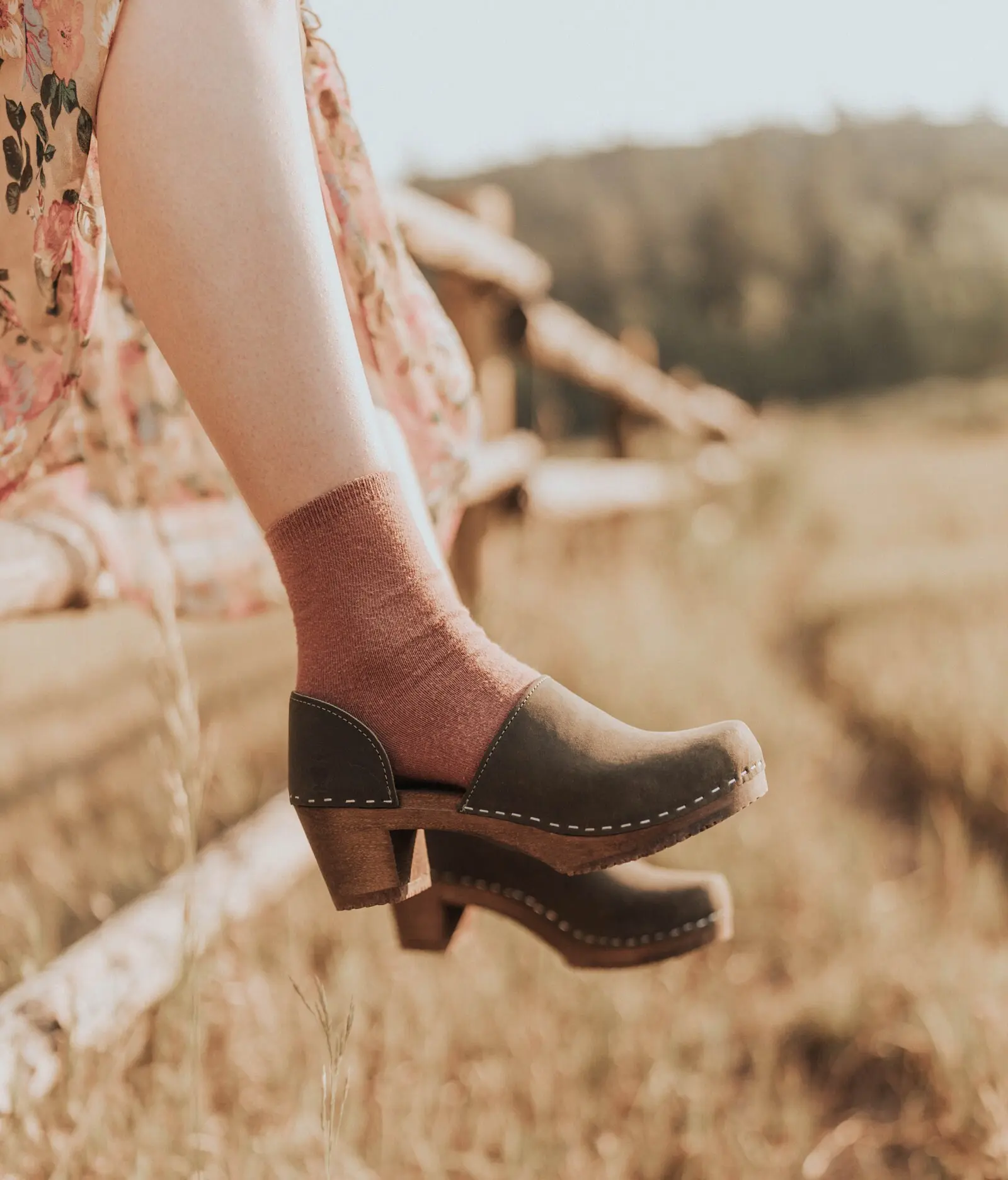 Olive Closed Back Clogs for Women / High Wooden Heel / Nubuck Leather / Swedish / Brett