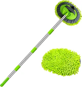 63"  Wash Mop Brush Tool Mitt with Long Handle Length More Suitable for Washing  , SUV, RV, Trailer, 2 in 1 Chenille Microfiber Duster Not Hurt  Scratch Free, Green