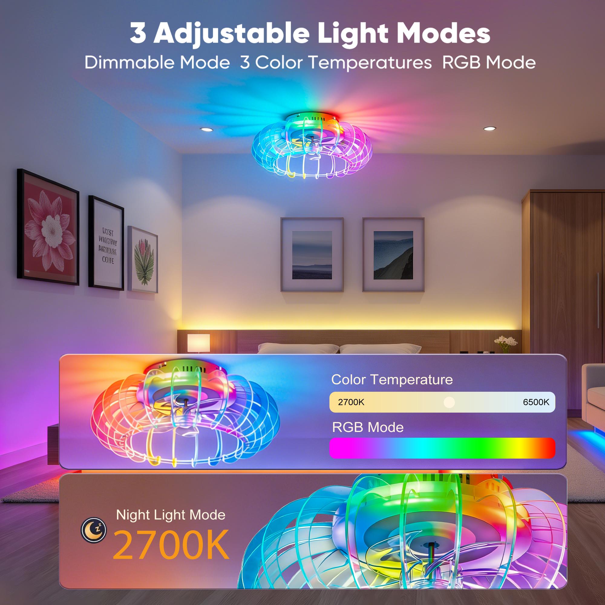 21" Low Profile Bladeless Ceiling Fan with Dimmable LED Light, Bluetooth Speaker, Remote, 6 Speeds & Reversible for Bedroom Kids Room