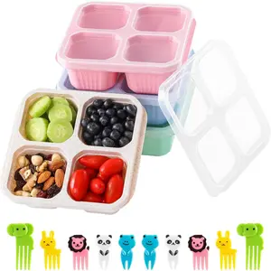 4 Pack Snack Containers, Divided Bento Lunch Box with Transparent Lids, Reusable Meal Prep Lunch Containers for Kids and Adults, No BPA, 4 Compartment Food Storage Containers