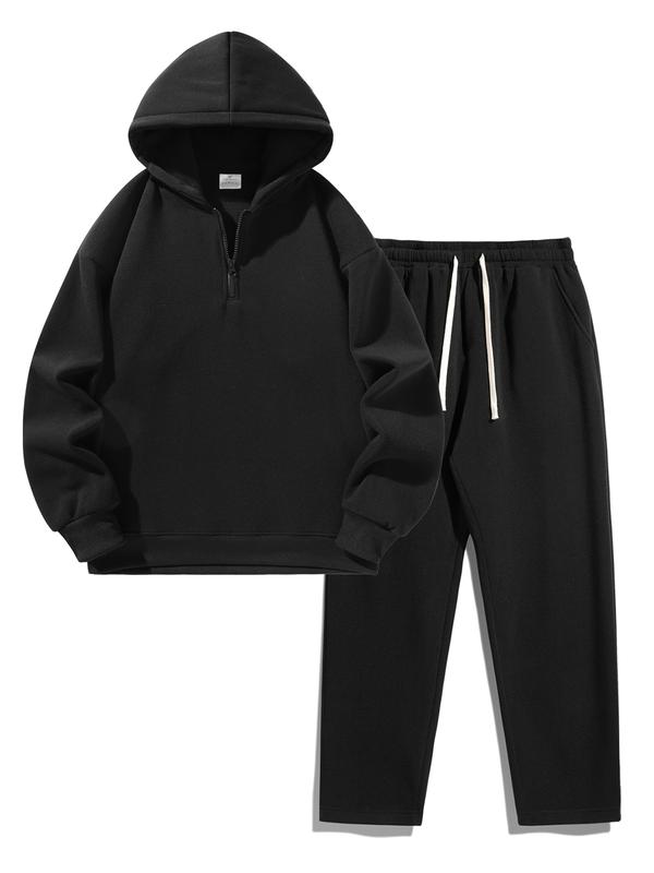 Men's Plain Two-piece Sweatsuit Set, Basic Regular Fit Casual Drop Shoulder Half Zip Hoodie & Pocket Drawstring Sweatpants, Men's Clothing