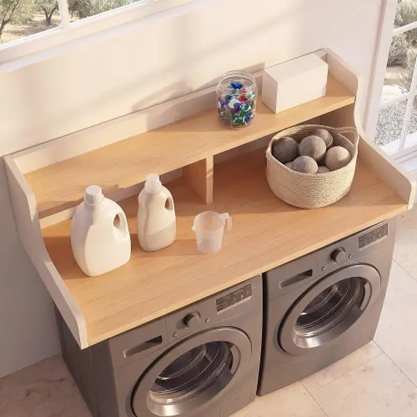 SAYGOGO 54"W x 27.6"D Heavy-Duty 2-Tier MDF Wood Washer Dryer Countertop with Raised Edge, Water-Resistant Laundry Room Storage Shelf & Folding Station, All Hardware Included, Easy Install & Assembly Required Organizer