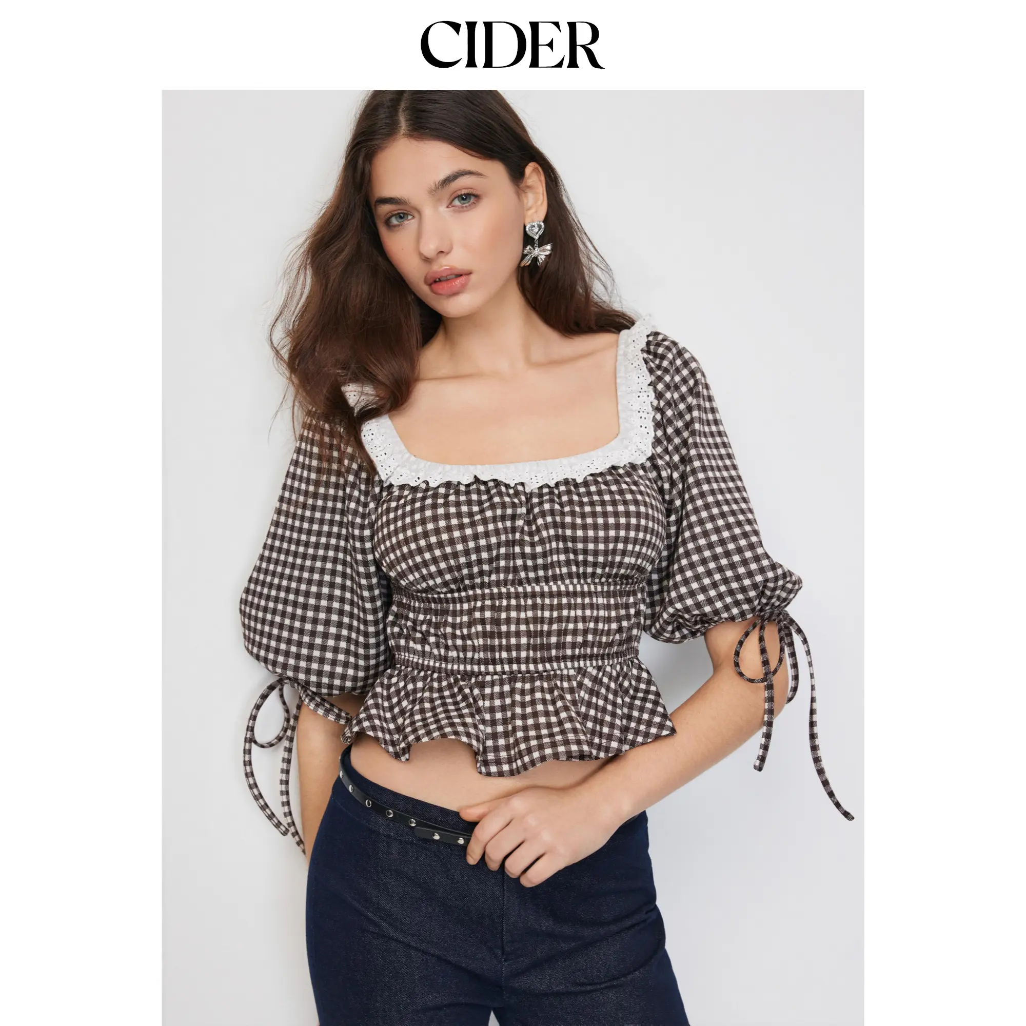 Cider Gingham Square Neck Puff Sleeve Ruched Peplum Oversized Top