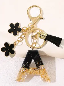 Women's Fashion Resin Gold Foil, 26 English Capital Letters, Flower Tassel Car Key Holder, Wallet Handbag Backpack Charm, Stylish Keychain