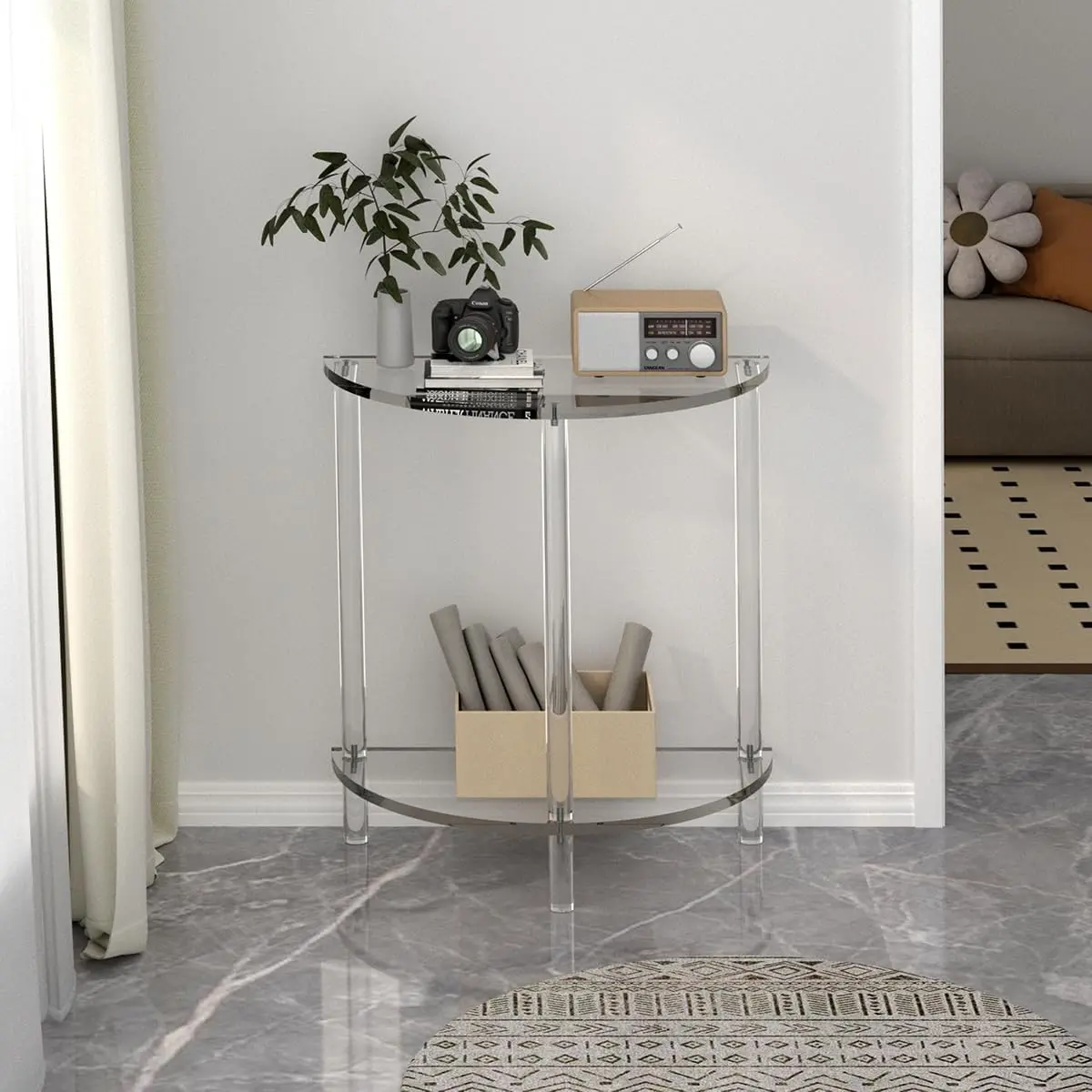 Modern Acrylic Transparent Console Table, Easy Assembly Half-Moon Entry Table, Modern Entryway Table, Space Saving Table, Suitable for Sofa, Hallway, Corridor, Living Room, Modern Furniture
