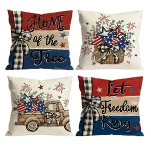 Set of 4 Patriotic Farmhouse Pillow Covers | 4th of July Buffalo Plaid Bow American Flag Stars Decorative Cushion Cases for Sofa Couch Home Decor 0506YC